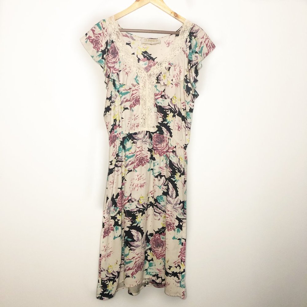 Sunner Floral Lace Ruffle Silk Midi Dress Medium